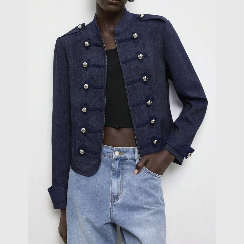 Navy Denim Military Band Jacket with Silver Button Trim